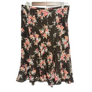 LOFT Womens 6 100% Silk Floral Midi Skirt Brown A Line Flowy Lined